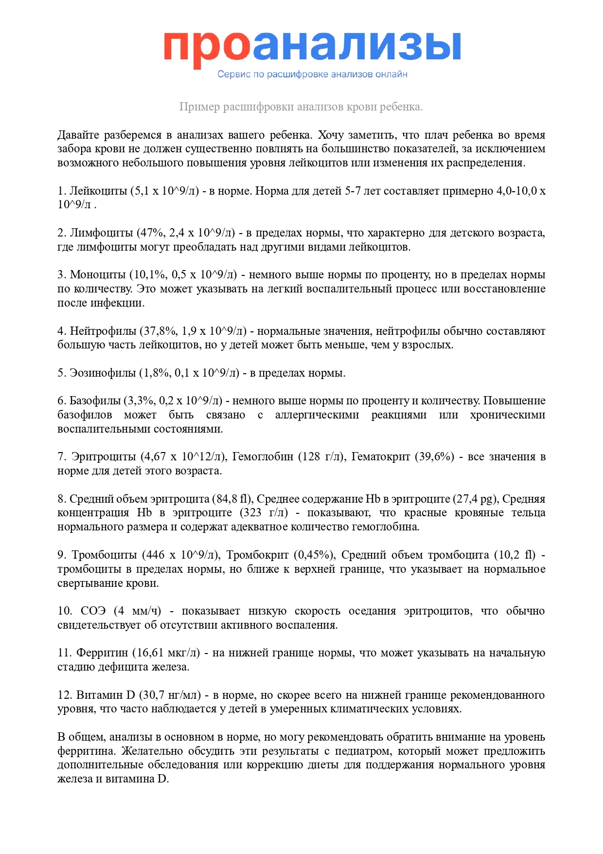 Пример расшифровки анализ крови